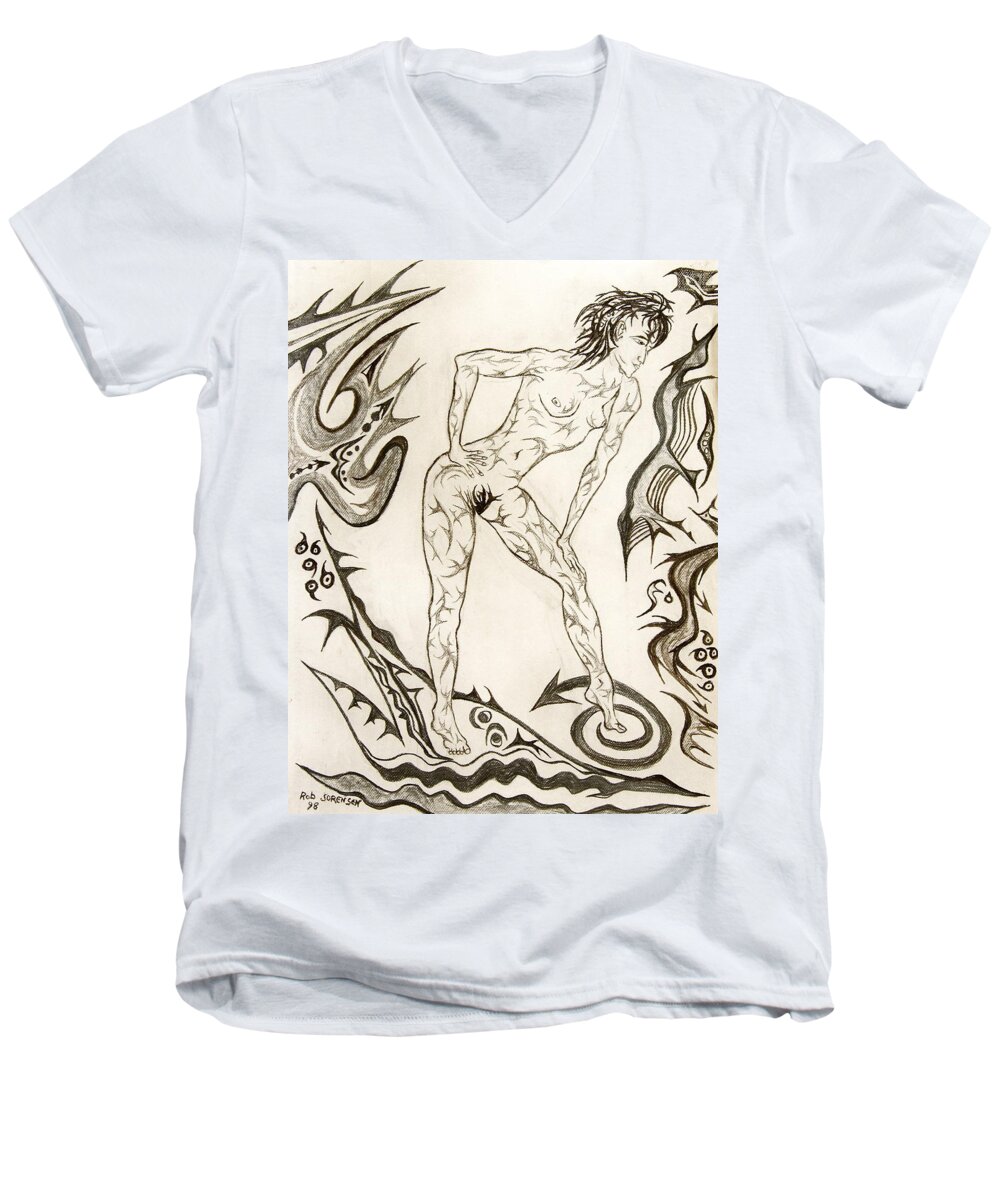 Live Nude Men's V-Neck T-Shirt featuring the painting Live Nude 3 Female by Robert SORENSEN