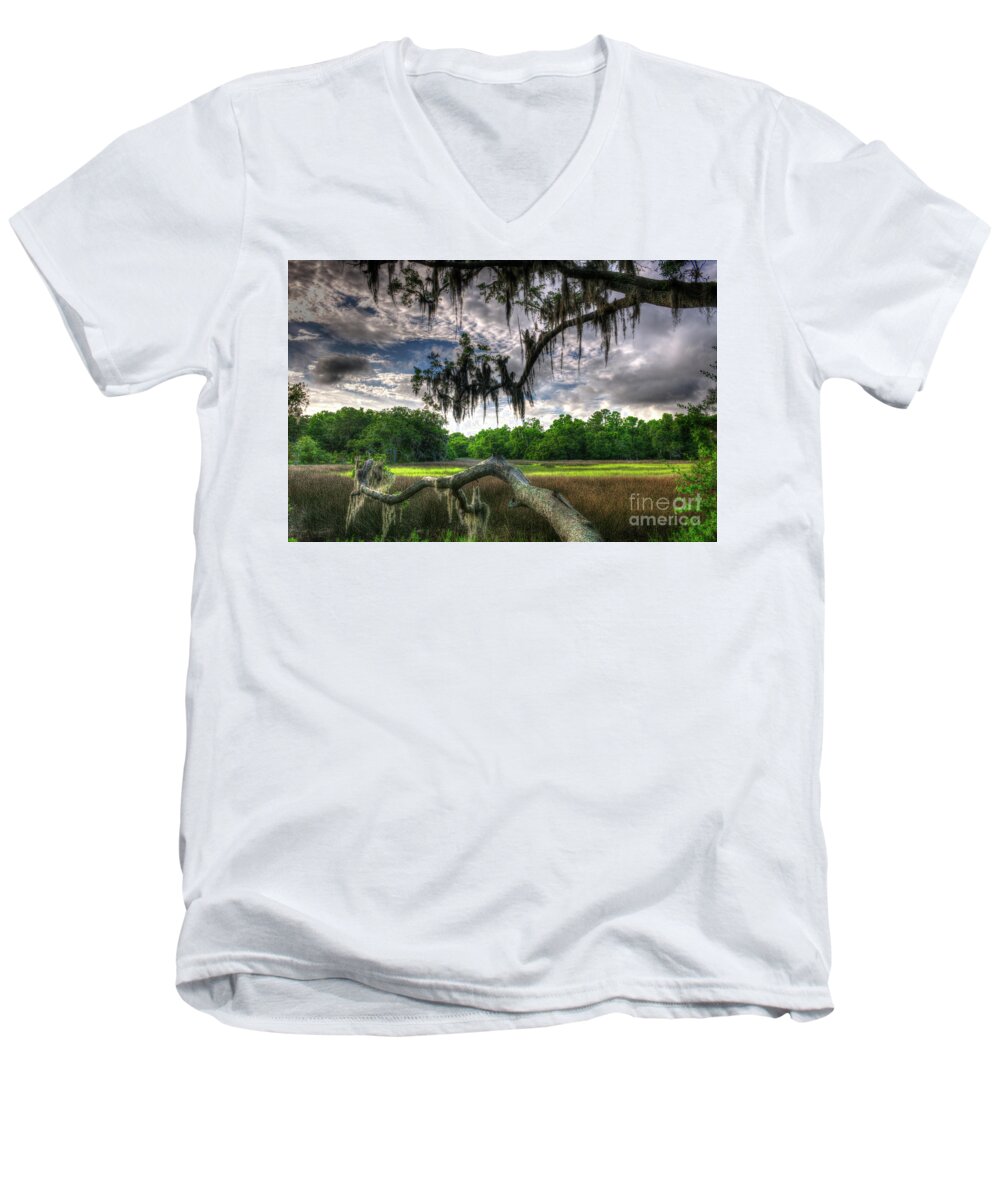 Live Oak Tree Men's V-Neck T-Shirt featuring the photograph Live Oak Marsh View by Dale Powell