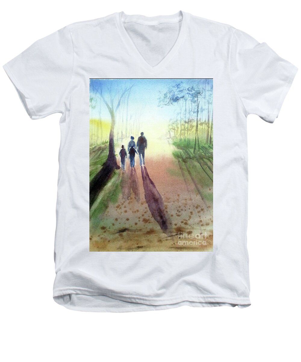 Family Walk Men's V-Neck T-Shirt featuring the painting Long Shadows by Asha Sudhaker Shenoy