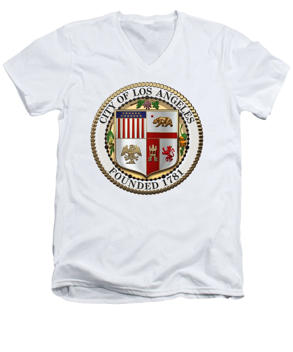 'cities Of The World' Collection By Serge Averbukh Men's V-Neck T-Shirt featuring the digital art Los Angeles City Seal over White Leather by Serge Averbukh