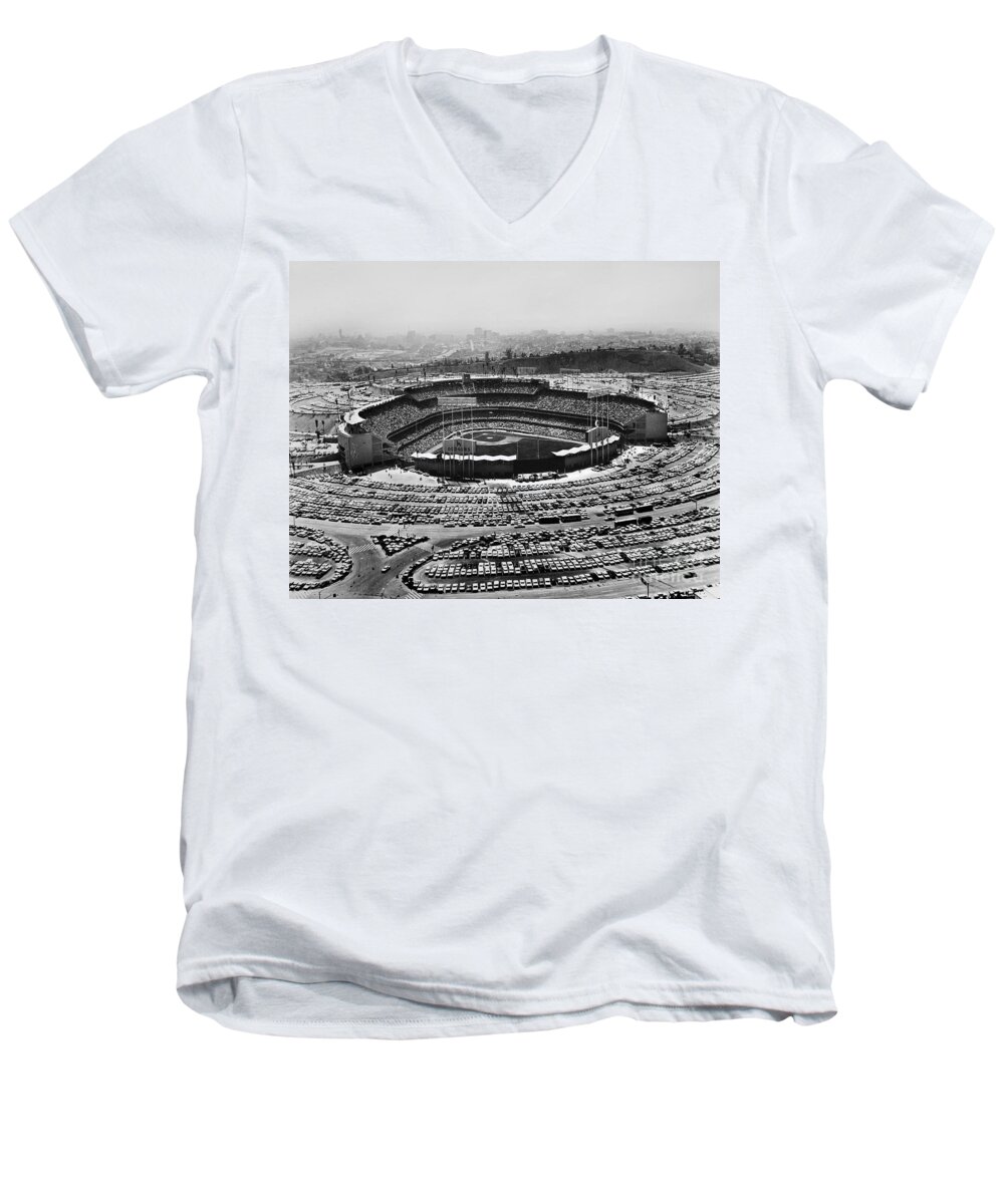 1962 Men's V-Neck T-Shirt featuring the photograph Dodgers Stadium, Los Angeles 1962 by Granger