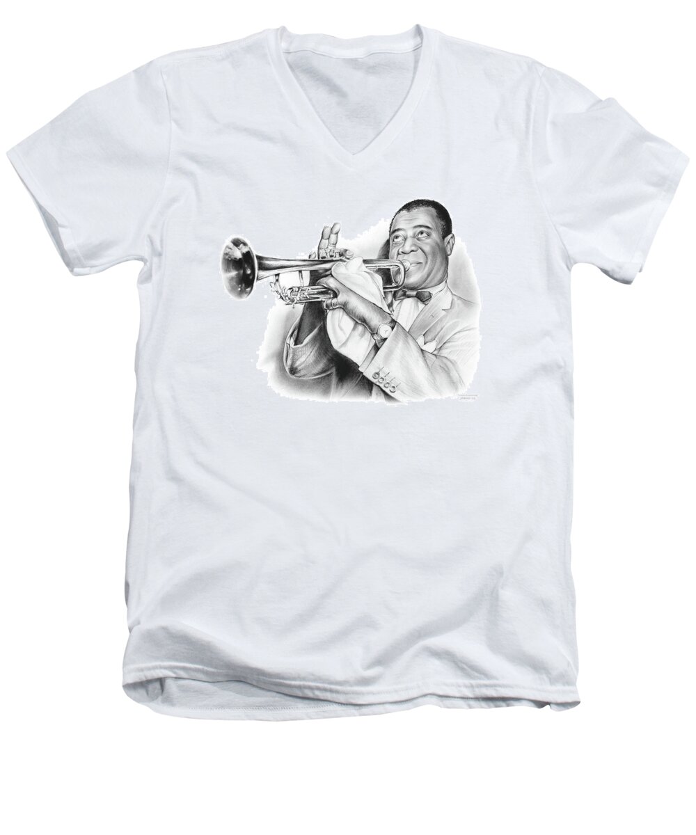 Louis Armstrong Men's V-Neck T-Shirt featuring the drawing Louis Armstrong by Greg Joens