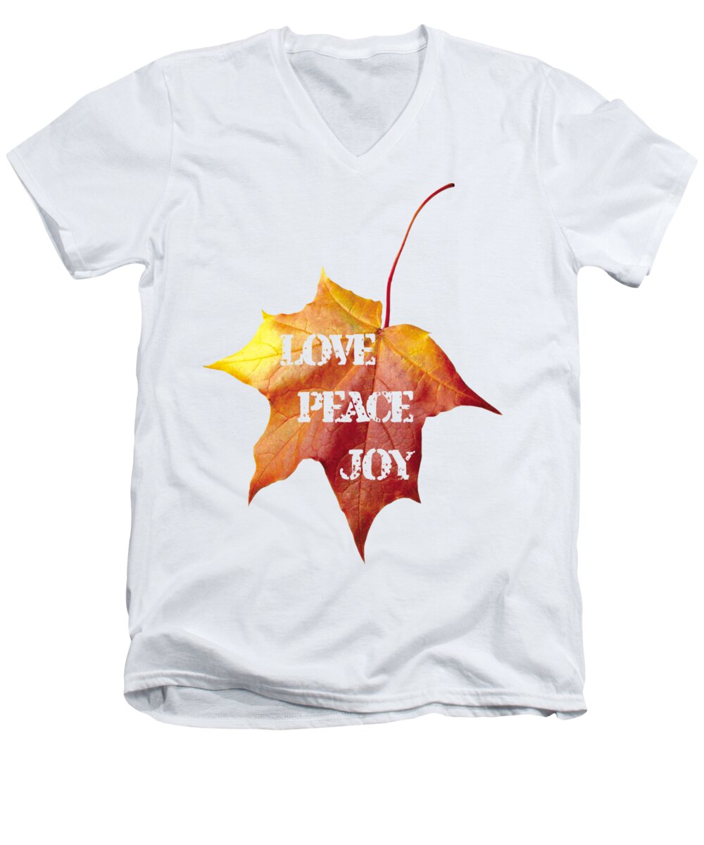 Love Peace Joy Men's V-Neck T-Shirt featuring the painting LOVE PEACE JOY carved on fall leaf by Georgeta Blanaru