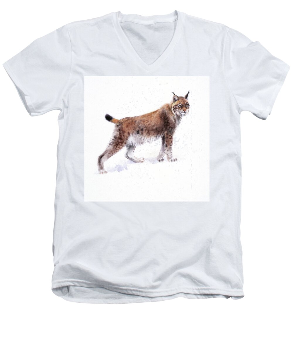 Lynx Men's V-Neck T-Shirt featuring the painting Lynx by Attila Meszlenyi