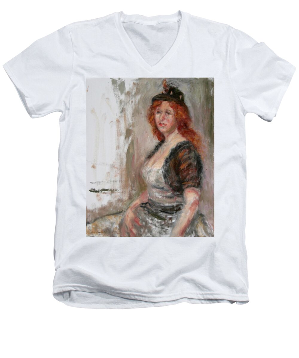 Impressionism Men's V-Neck T-Shirt featuring the painting Mademoiselle, Impressionist Painting by Quin Sweetman