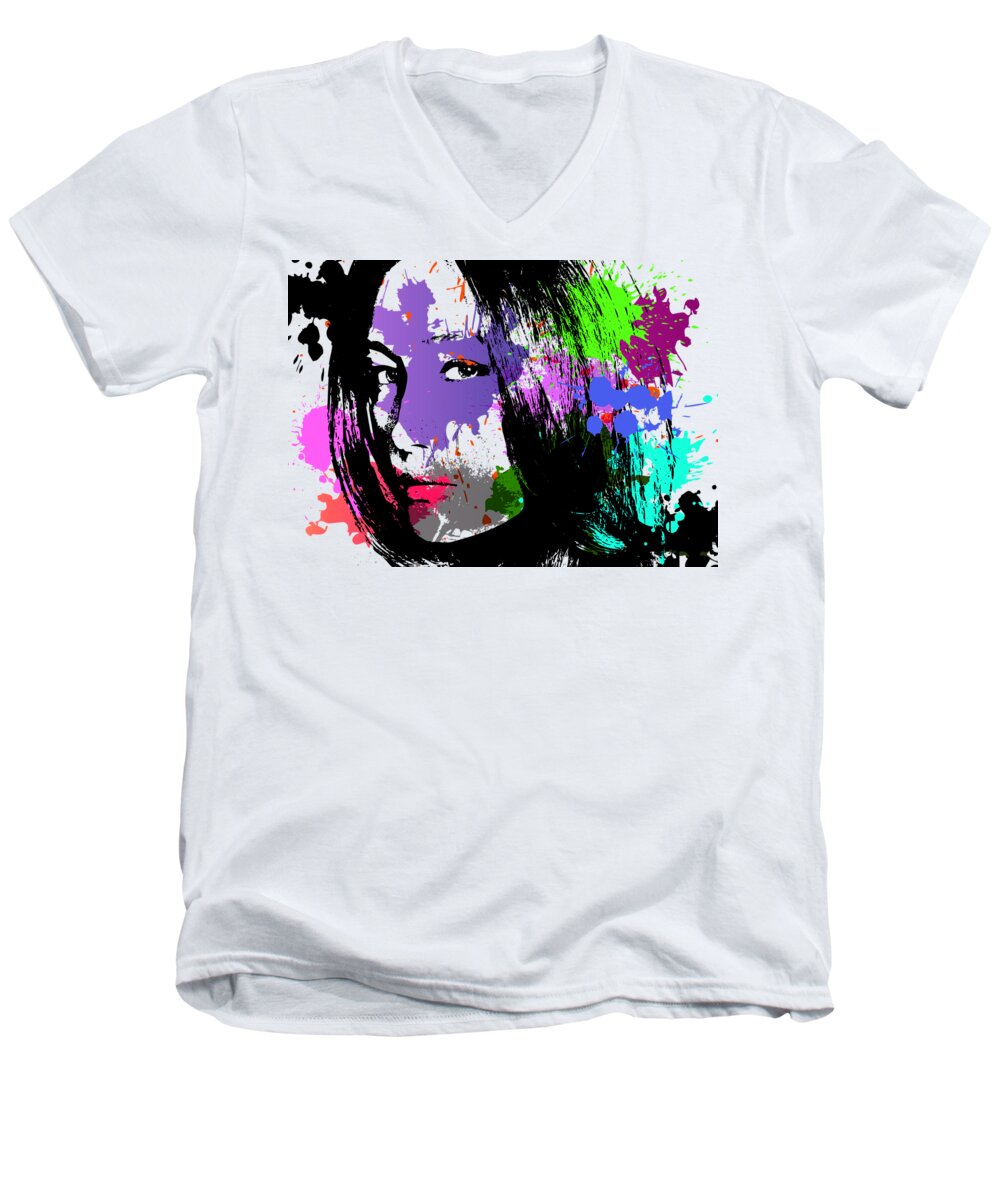 Maggie Q Men's V-Neck T-Shirt featuring the digital art Maggie Q Pop Art by Ricky Barnard