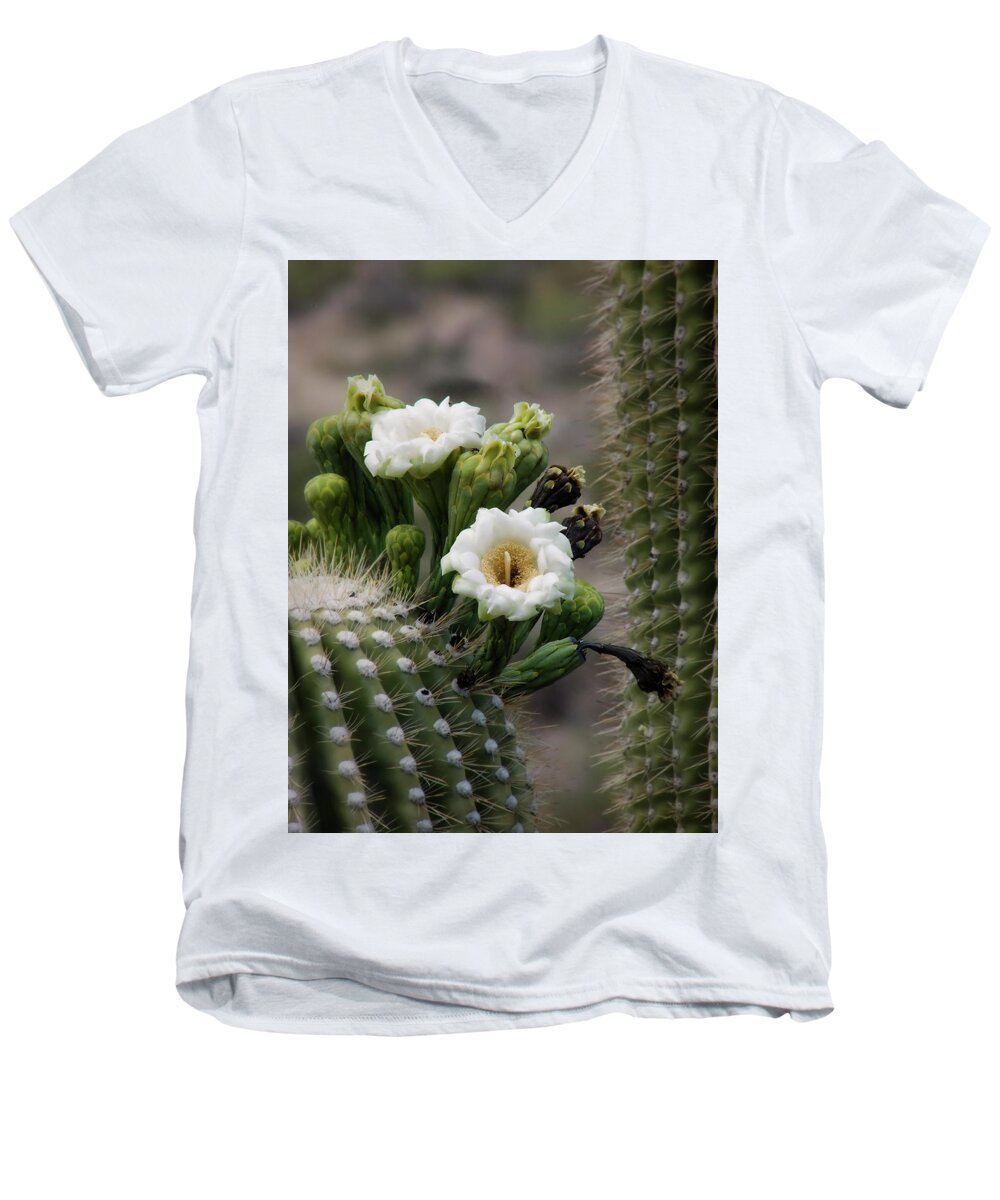Arizona Men's V-Neck T-Shirt featuring the photograph Magnificant Bloom of the Saguaro by Lucinda Walter