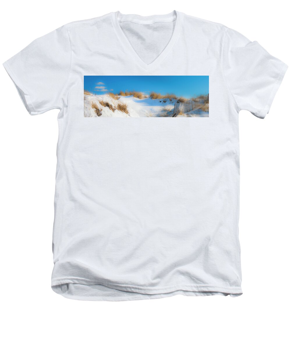 Maine Winter Men's V-Neck T-Shirt featuring the photograph Maine Snow Dunes on Coast in Winter Panorama by Ranjay Mitra