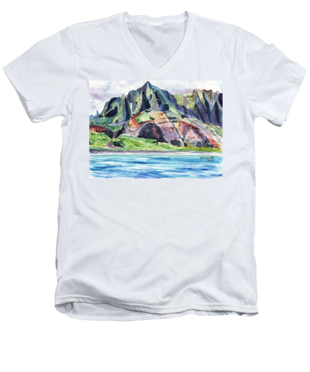 Kauai Men's V-Neck T-Shirt featuring the painting Majestic Na Pali Coast by Marionette Taboniar