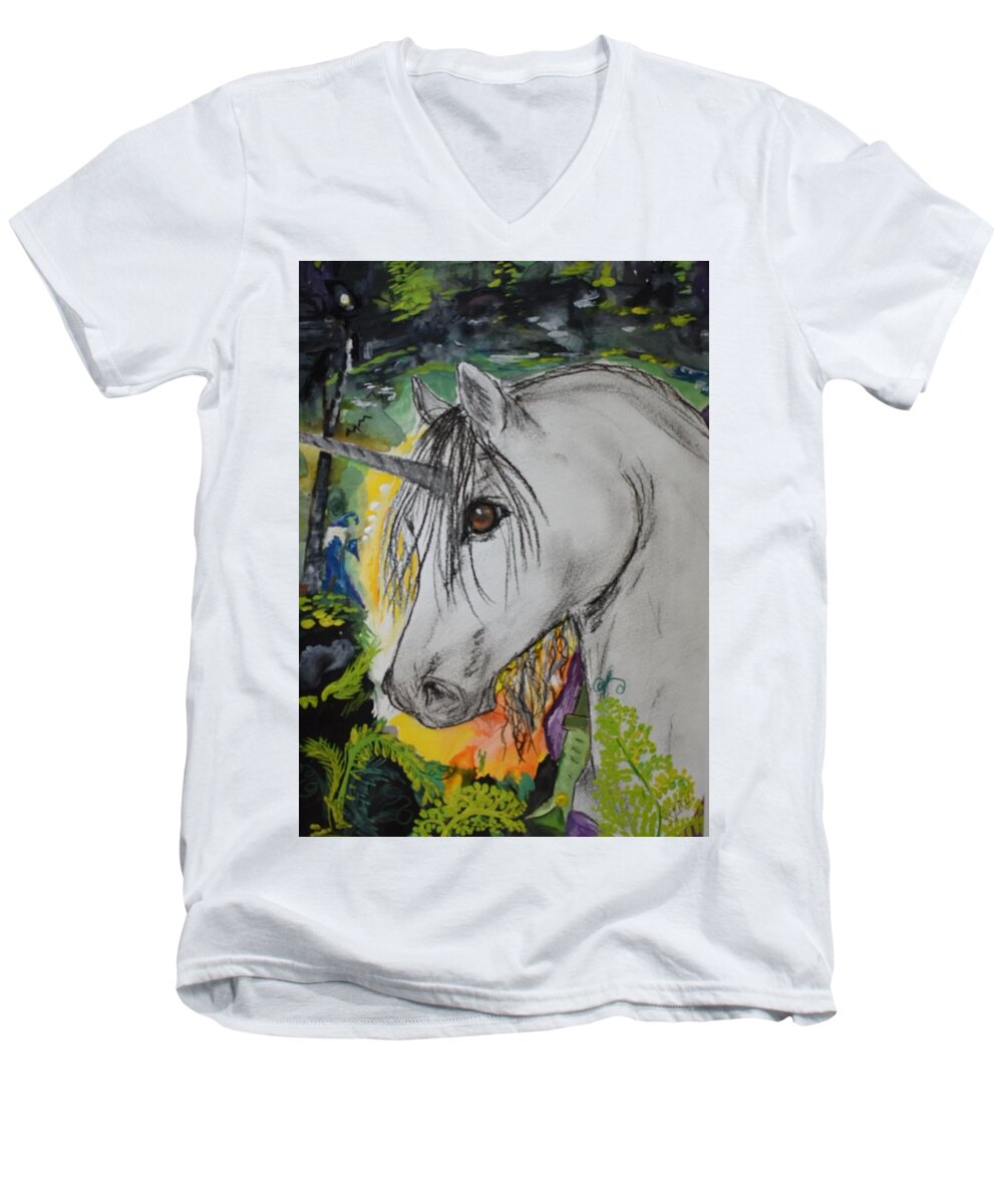 Unicorn Men's V-Neck T-Shirt featuring the painting Majik by Susan Voidets