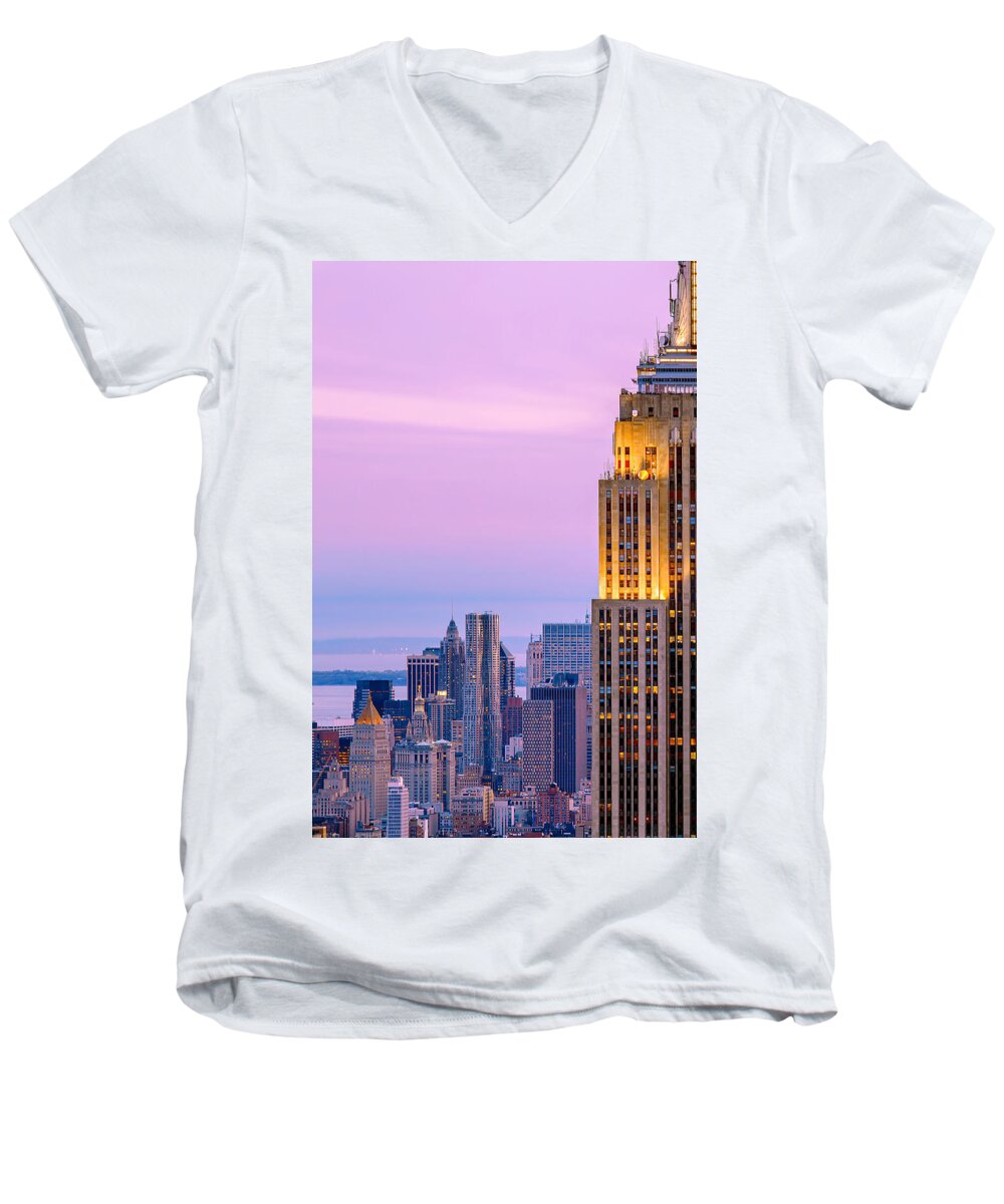 Empire State Building Men's V-Neck T-Shirt featuring the photograph Manhattan Magic by Az Jackson