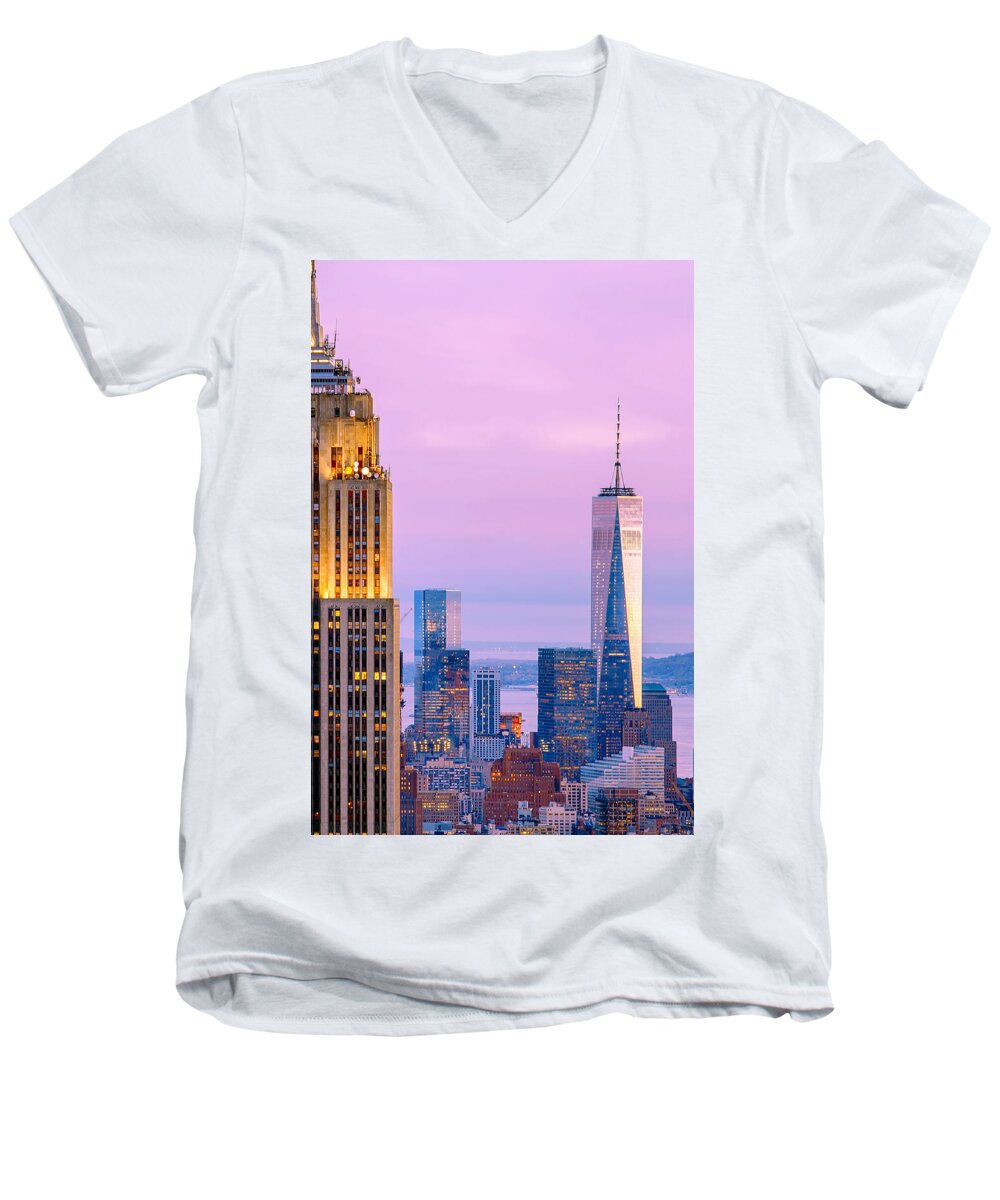 Empire State Building Men's V-Neck T-Shirt featuring the photograph Manhattan Romance by Az Jackson