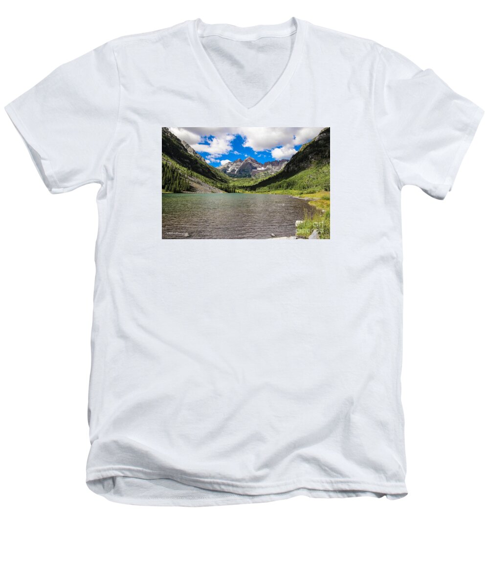Maroon Bells Men's V-Neck T-Shirt featuring the photograph Maroon Bells Image Four by Veronica Batterson