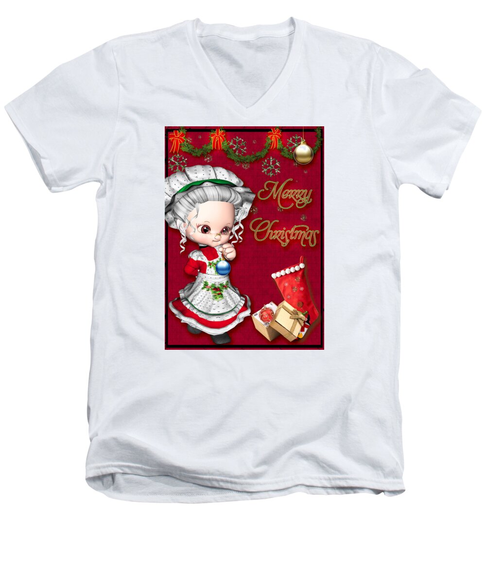 Christmas Merry Card Holiday Santa Claus Mrs Red Green Gold Silver Gray Red Gifts Celebrate Xmas Garland Snow Snowflakes Ornaments Season Seasonal Vertical mrs Claus Sentiment Wishes Stocking Ribbons Bows. Men's V-Neck T-Shirt featuring the mixed media Merry Christmas by Paula Ayers