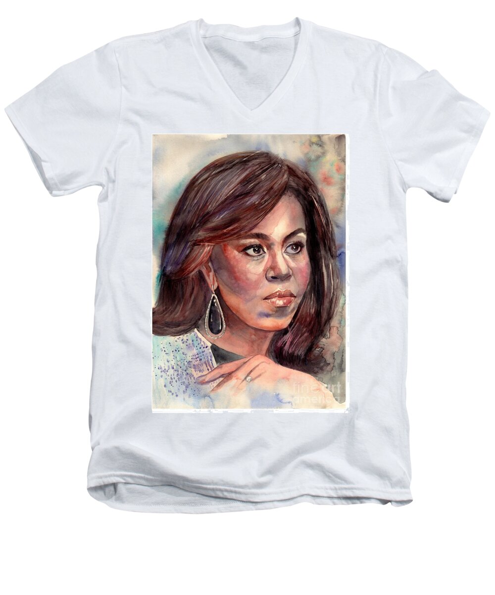 Michelle Men's V-Neck T-Shirt featuring the painting Michelle Obama portrait by Suzann Sines