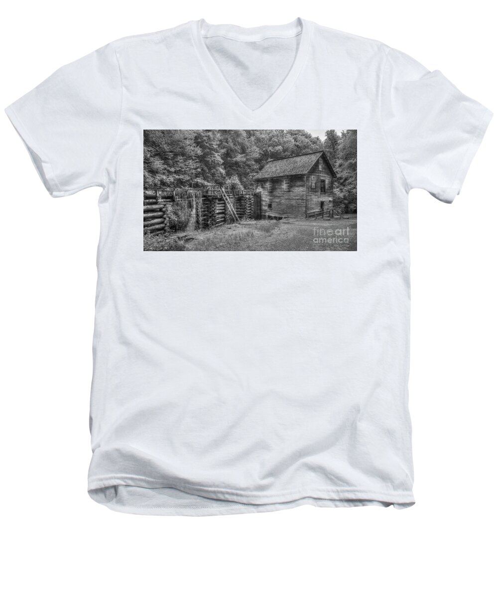 Reid Callaway Historic Mingus Mil Artl Men's V-Neck T-Shirt featuring the photograph Mingus Mill Black and White Mingus Creek Great Smoky Mountains Art by Reid Callaway