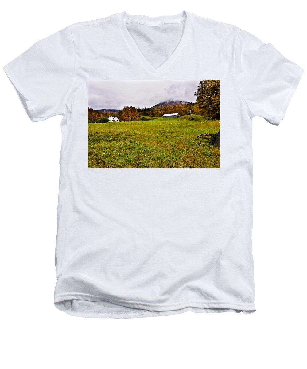 Wonalancet Men's V-Neck T-Shirt featuring the photograph Misty Autumn at the Farm by Rockybranch Dreams