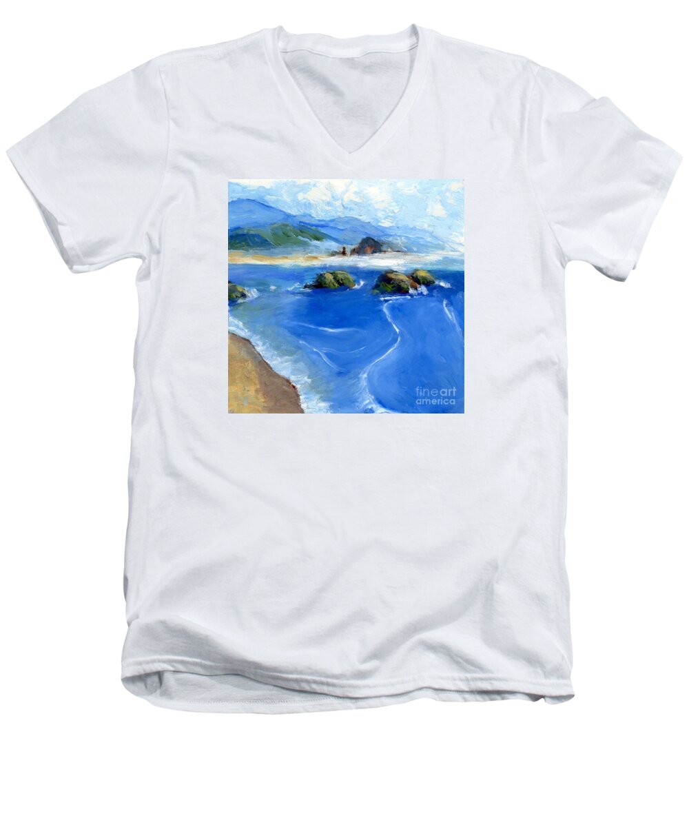 Ocean Men's V-Neck T-Shirt featuring the painting Misty Bodega Bay by Randy Sprout