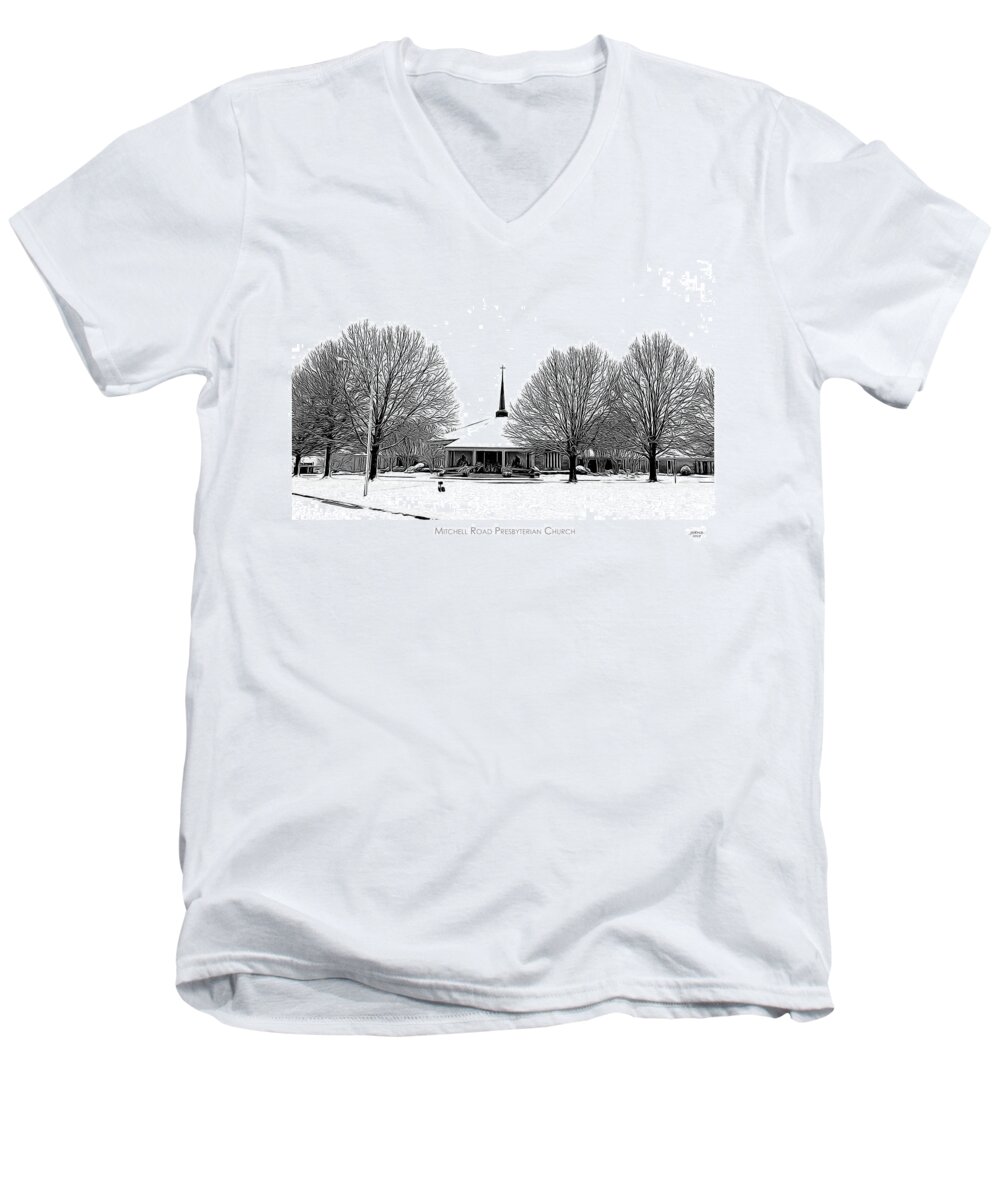 Mitchell Road Men's V-Neck T-Shirt featuring the digital art Mitchell Rd Presbyterian by Greg Joens
