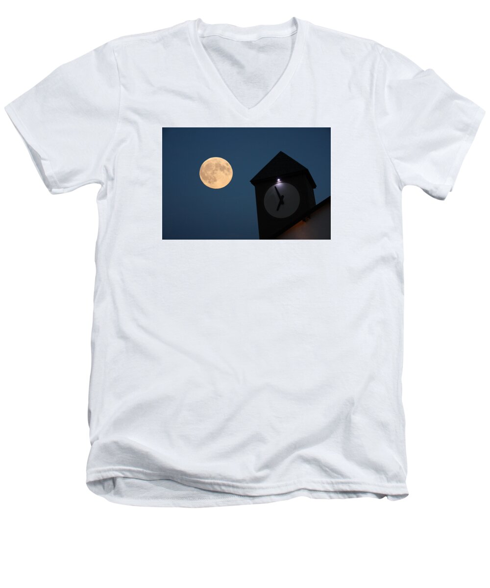 Moon Men's V-Neck T-Shirt featuring the photograph Moon and Clock Tower by Pat Moore