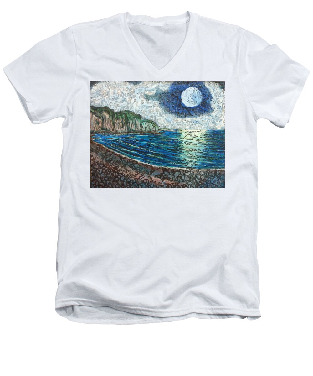 Moonlight In Pourvill Men's V-Neck T-Shirt featuring the painting Moonlight in Pourvill by Amelie Simmons