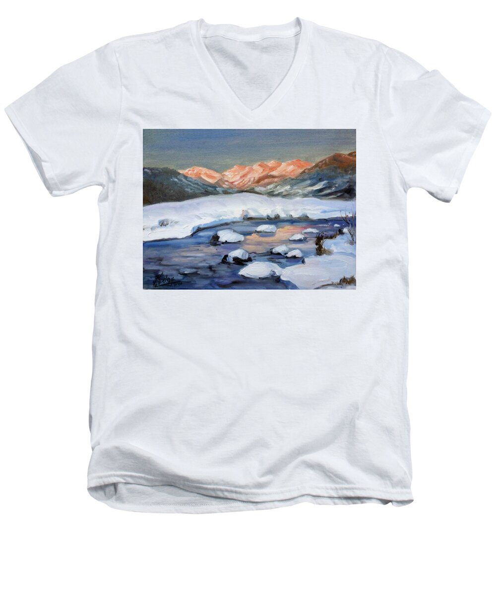 Mountain Men's V-Neck T-Shirt featuring the painting Mountain winter landscape 1 by Irek Szelag