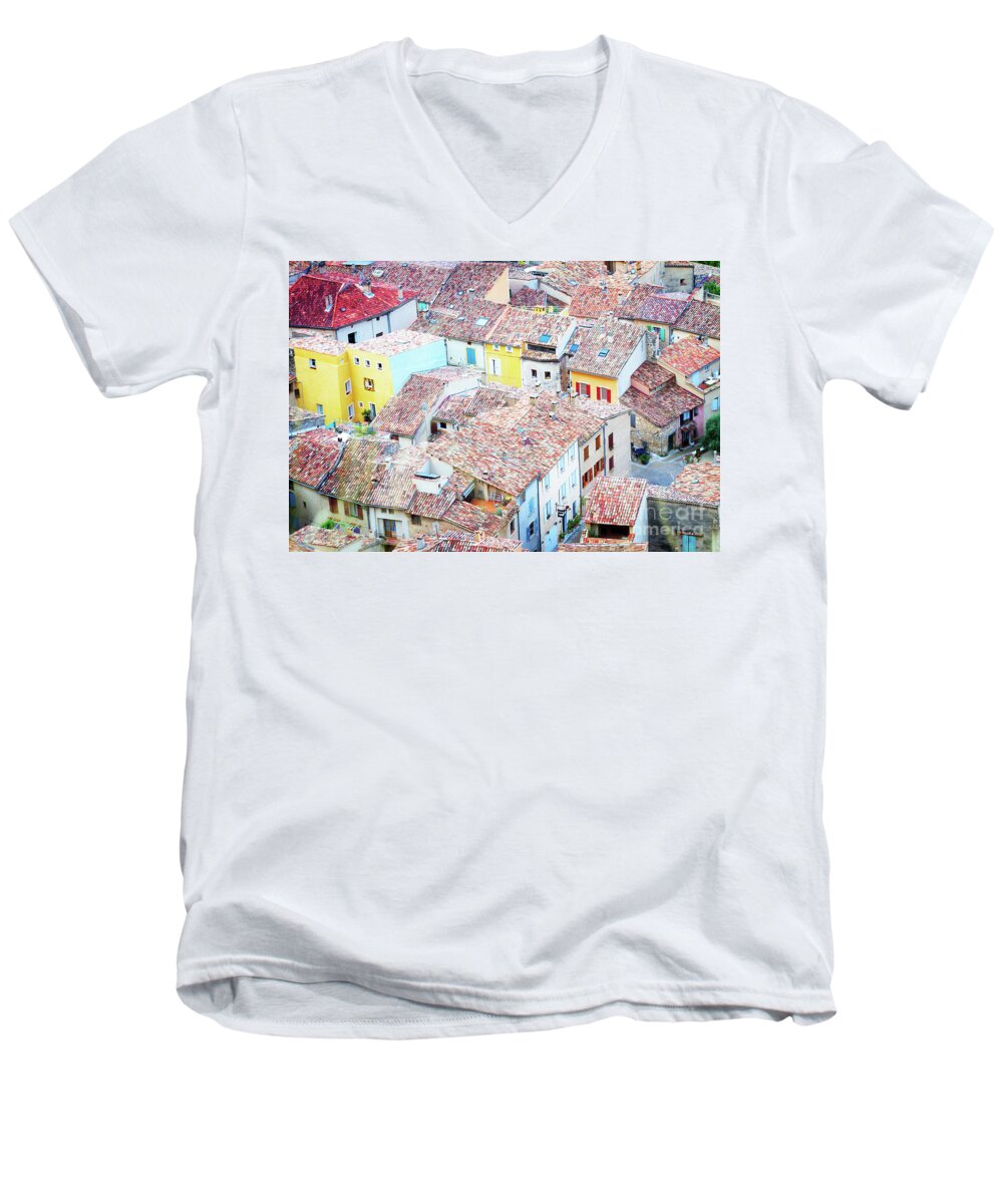 Provence Men's V-Neck T-Shirt featuring the photograph Moustiers Sainte Marie Roofs by Anastasy Yarmolovich