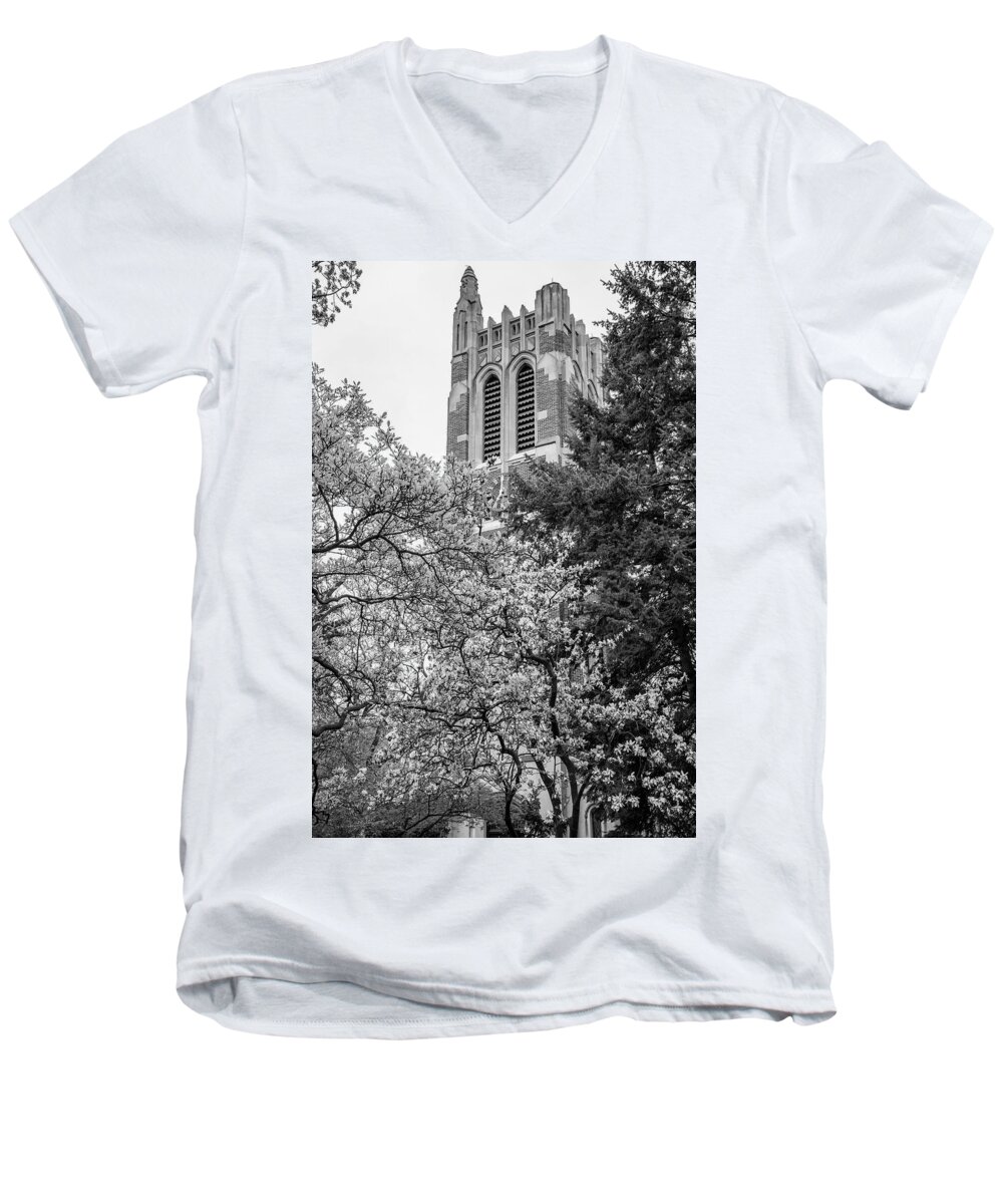 Michigan State University Men's V-Neck T-Shirt featuring the photograph MSU Beaumont Tower Black and White 3 by John McGraw