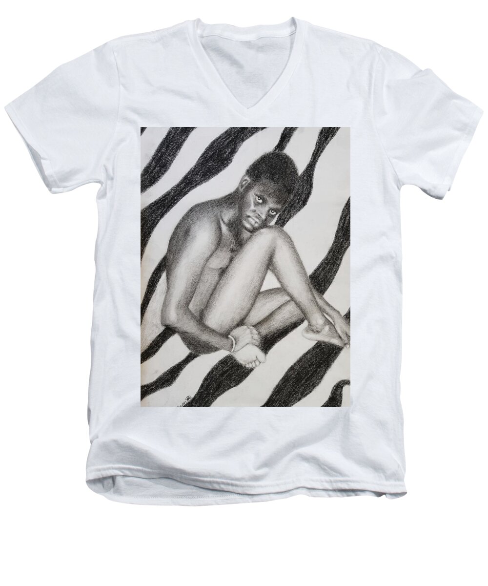 Male Body Men's V-Neck T-Shirt featuring the drawing Mub by Cassy Allsworth