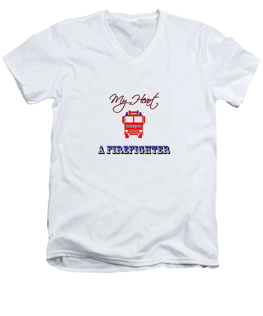 Firefighter Men's V-Neck T-Shirt featuring the digital art My Heart Belongs to a Firefighter by Judy Hall-Folde