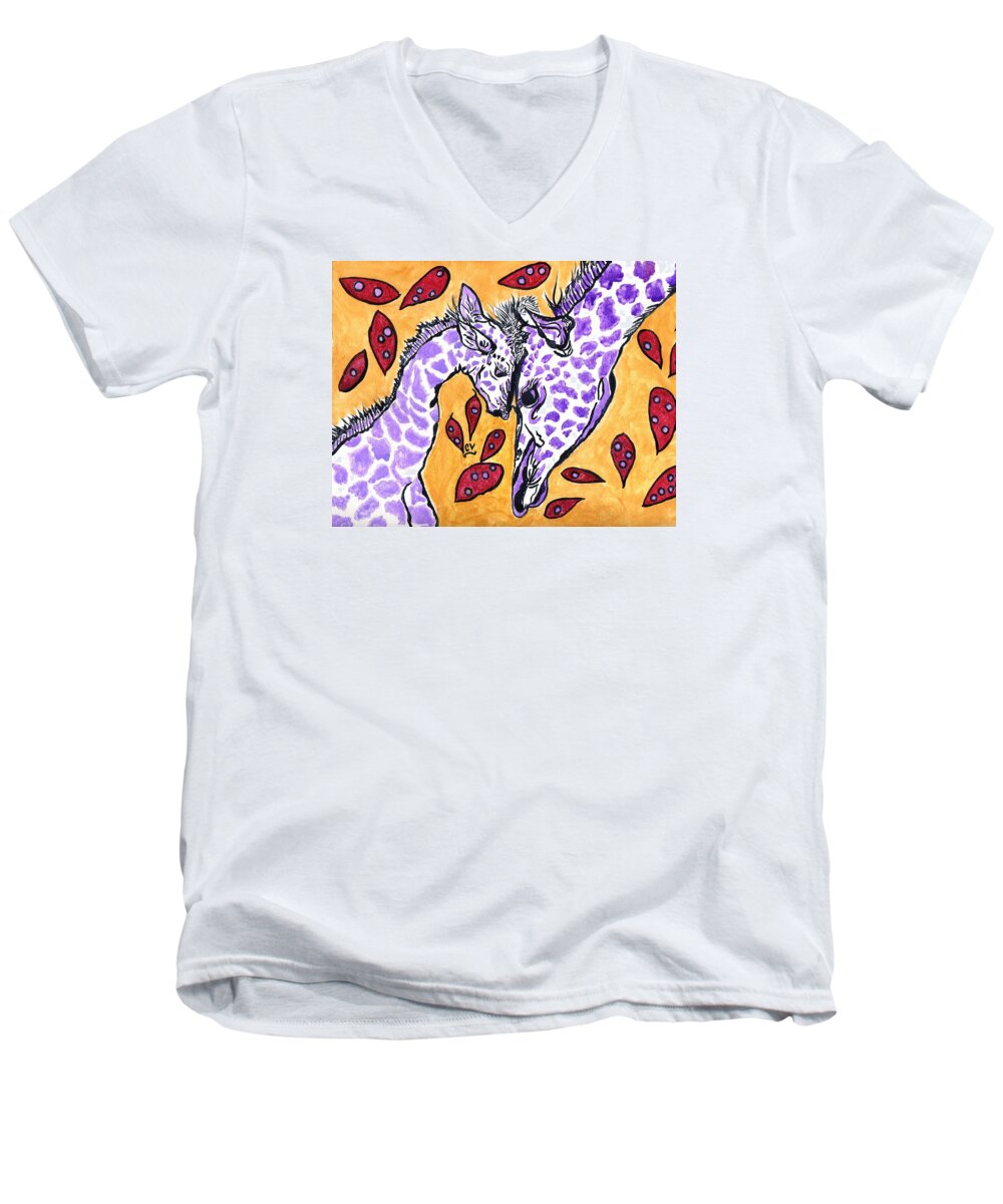 Giraffe Men's V-Neck T-Shirt featuring the painting My Heart Belongs To You by Connie Valasco