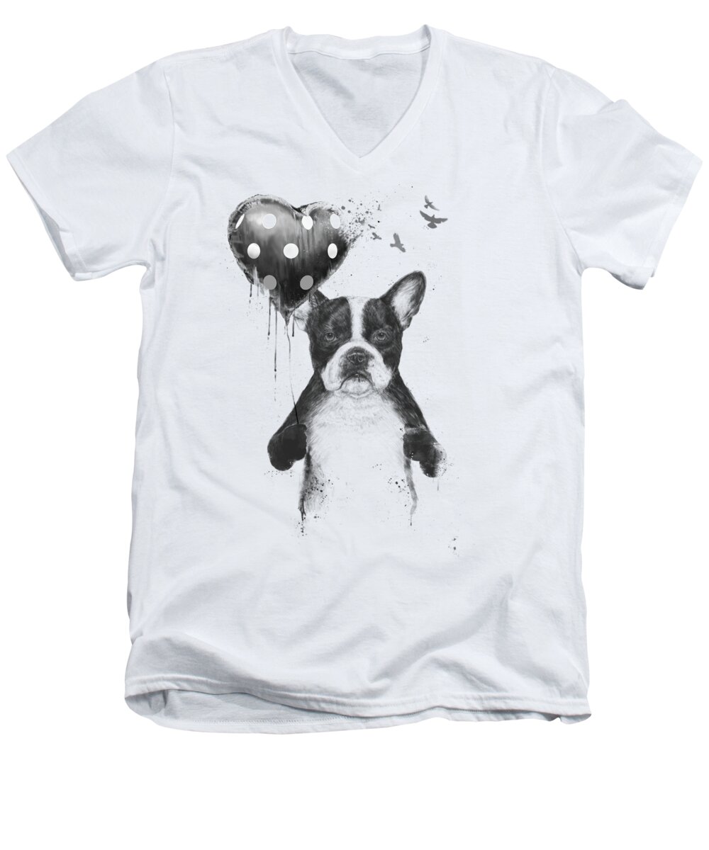 Bulldog Men's V-Neck T-Shirt featuring the mixed media My heart goes boom by Balazs Solti