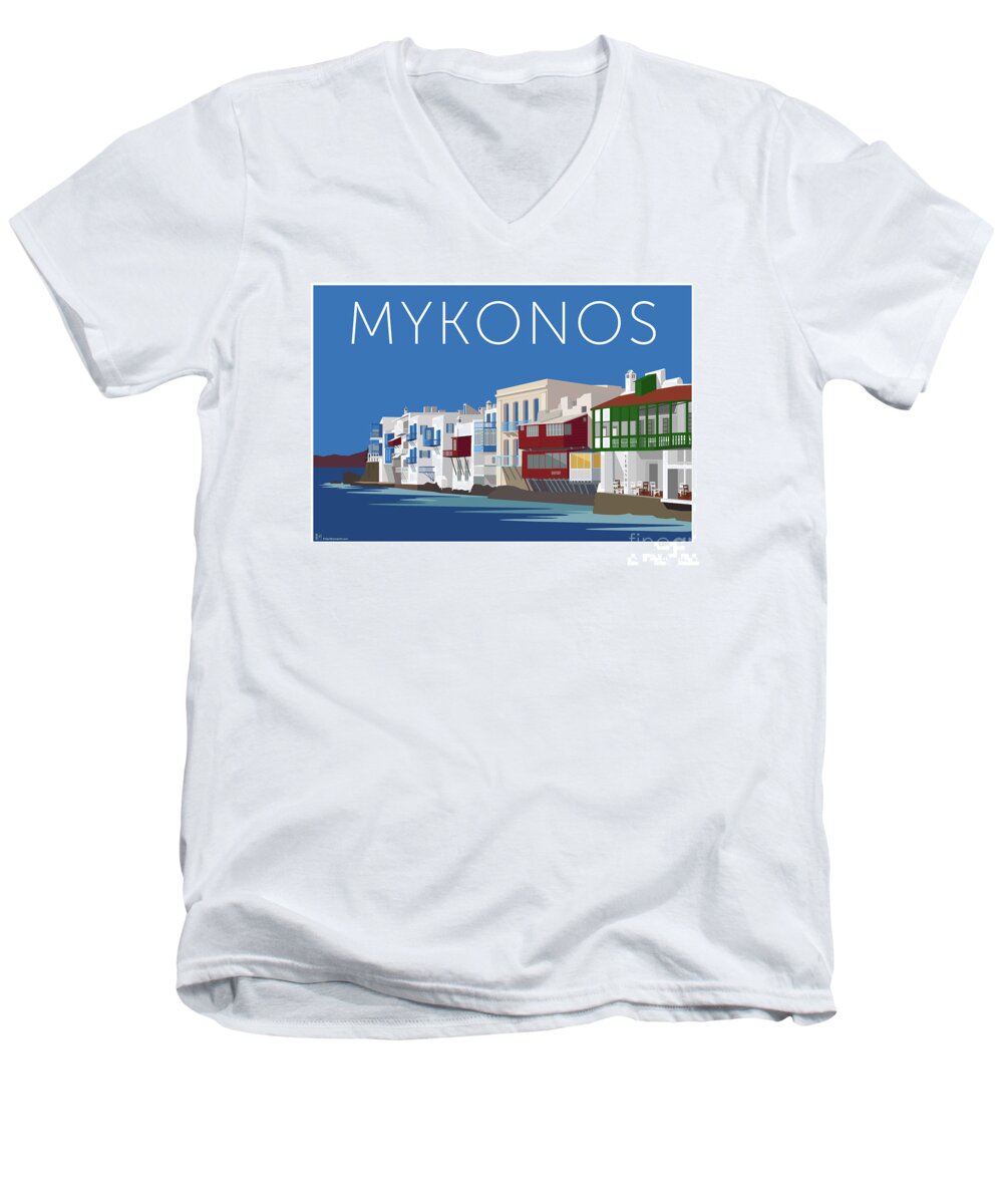 Mykonos Men's V-Neck T-Shirt featuring the digital art MYKONOS Little Venice - Blue by Sam Brennan