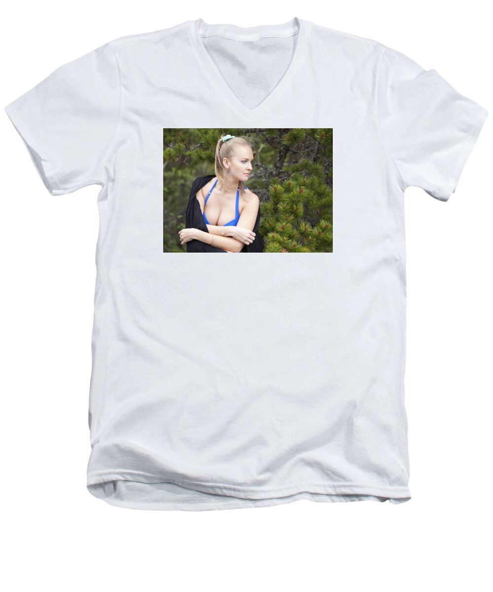 Girl Men's V-Neck T-Shirt featuring the photograph Naked In A Forest by Ramunas Bruzas