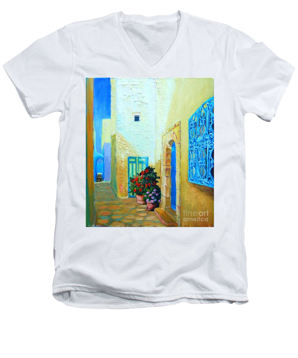 Blue Men's V-Neck T-Shirt featuring the painting Narrow street in Hammamet by Ana Maria Edulescu