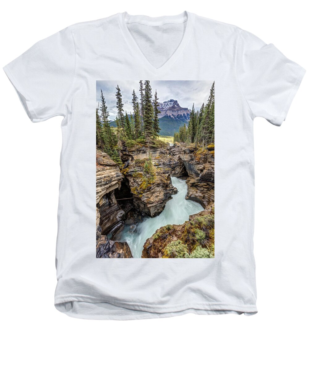 Athabasca Falls Men's V-Neck T-Shirt featuring the photograph Natural flow of Athabasca Falls by Pierre Leclerc Photography