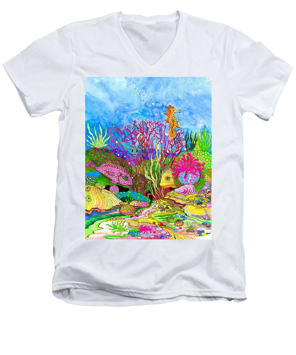 Adria Trail Men's V-Neck T-Shirt featuring the painting Neon Sea by Adria Trail