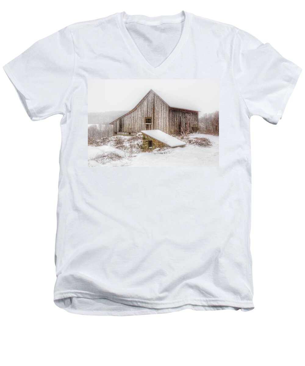 Barns And Farms Men's V-Neck T-Shirt featuring the photograph New England Winter Rustic by Bill Wakeley