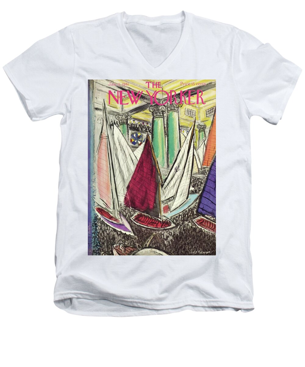 Sailboats Men's V-Neck T-Shirt featuring the painting New Yorker January 11 1941 by Victor De Pauw