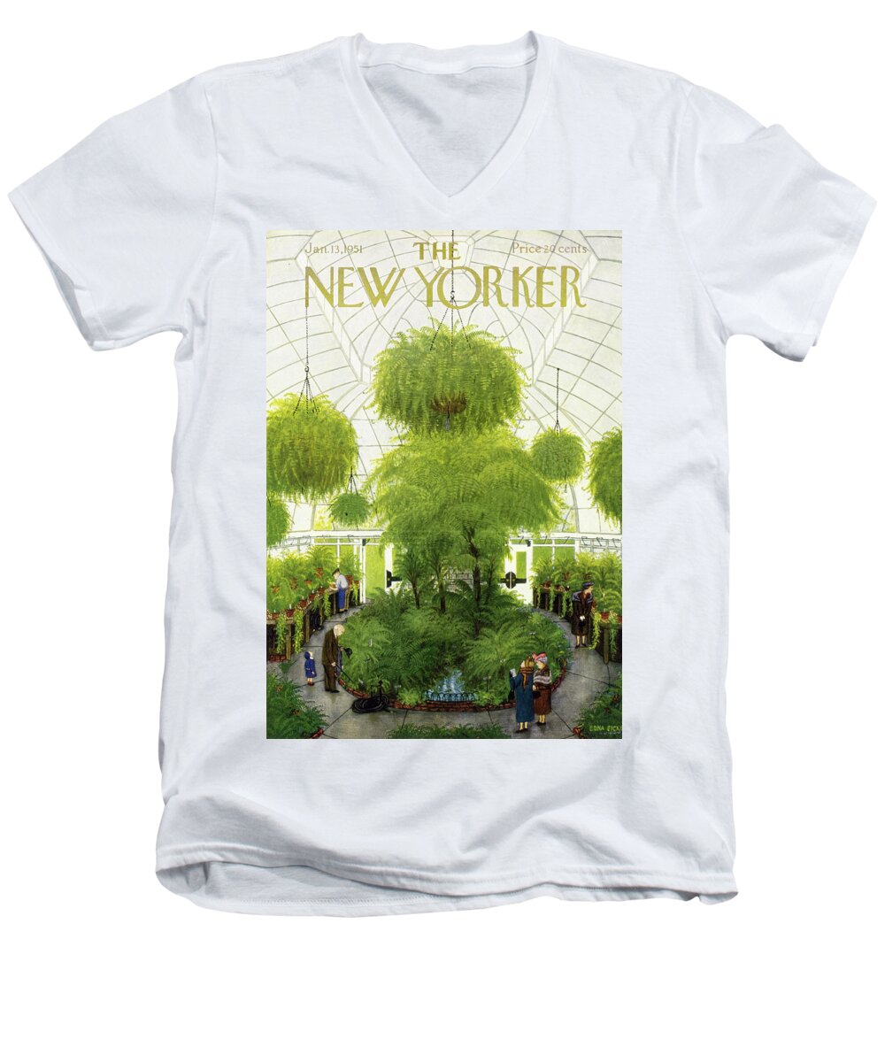 Greenhouse Men's V-Neck T-Shirt featuring the painting New Yorker January 13 1951 by Edna Eicke