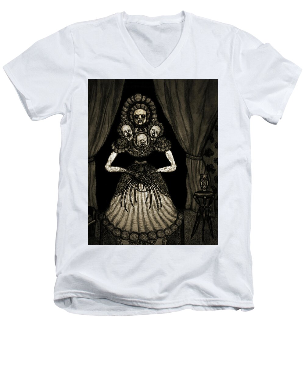 Horror Men's V-Neck T-Shirt featuring the drawing Nightmare Dolly - Artwork #2 by Ryan Nieves