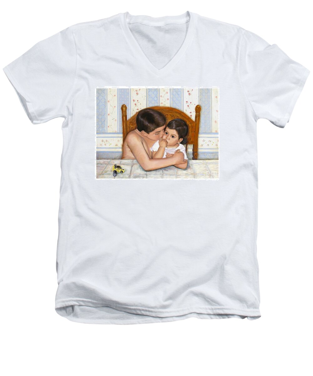 Portrait Men's V-Neck T-Shirt featuring the painting Noah Takes Time for Kira by Marlene Book
