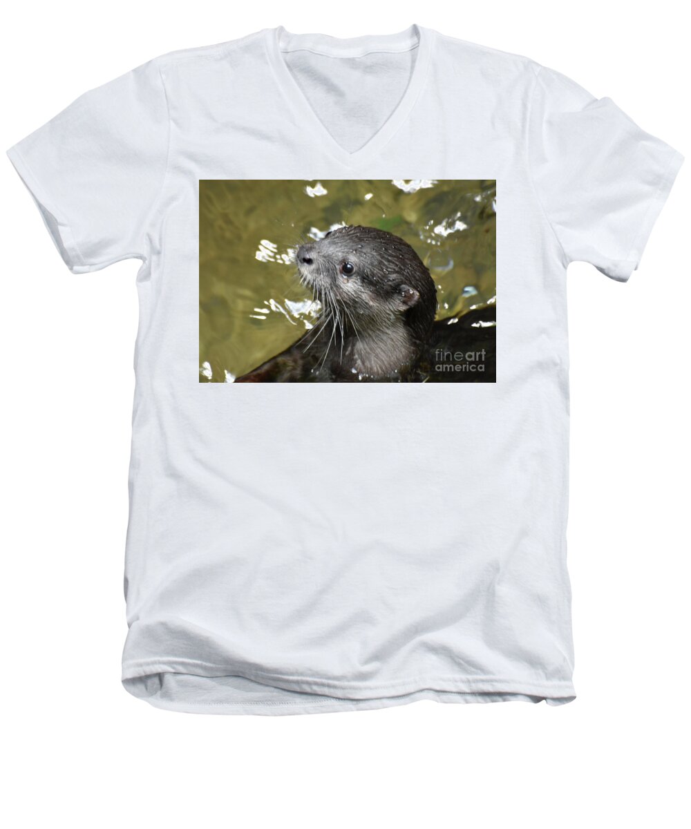 Otter Men's V-Neck T-Shirt featuring the photograph North American River Otter Swimming in a River by DejaVu Designs