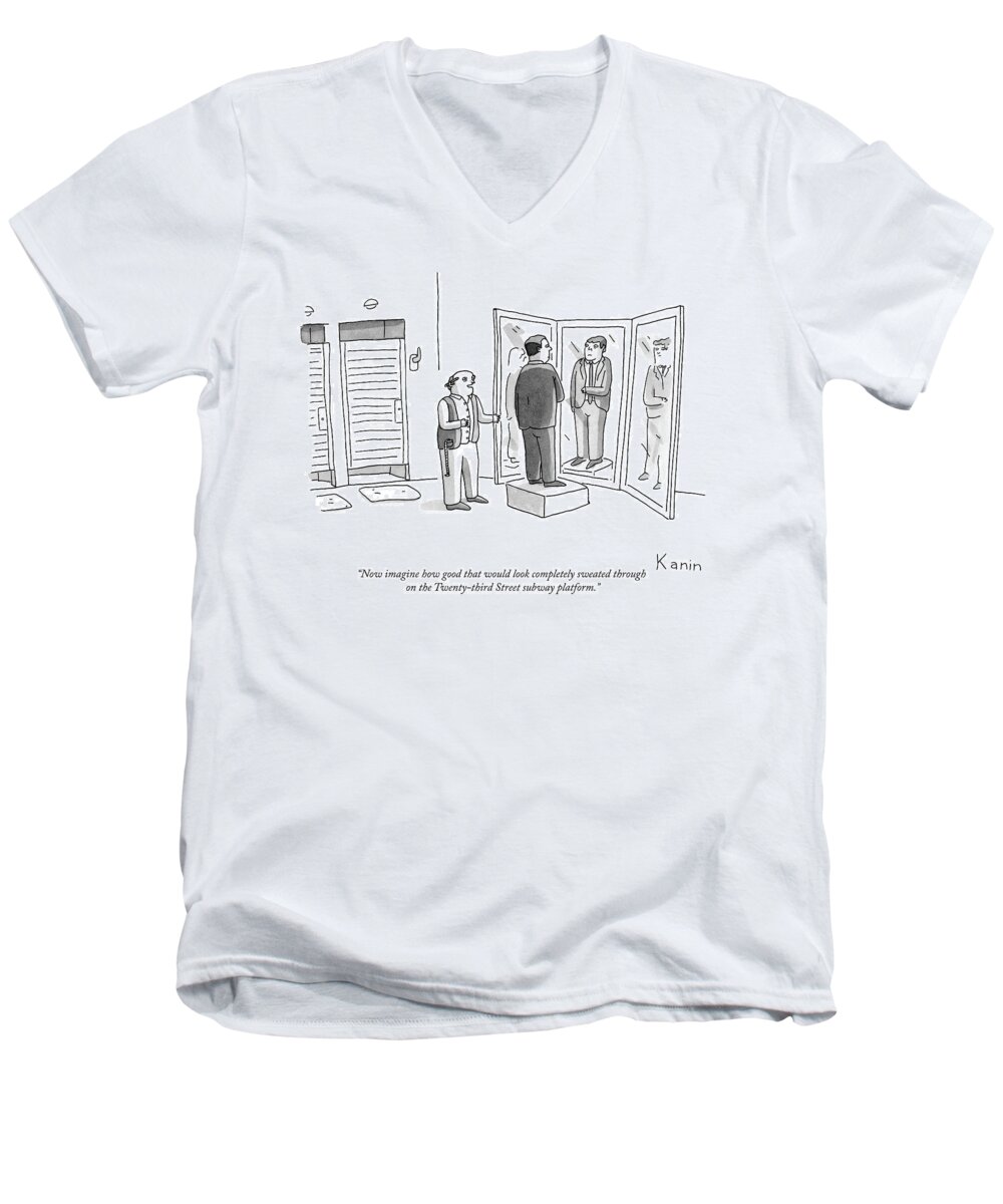 now Imagine How Good That Would Look Completely Sweated Through On The 23rd Street Subway Platform. Train Men's V-Neck T-Shirt featuring the drawing Now imagine how good that would look completely sweated through by Zachary Kanin