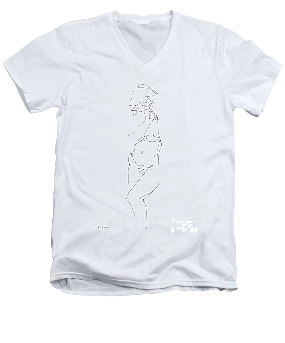 Female Men's V-Neck T-Shirt featuring the drawing Nude Female Drawings 18 by Gordon Punt