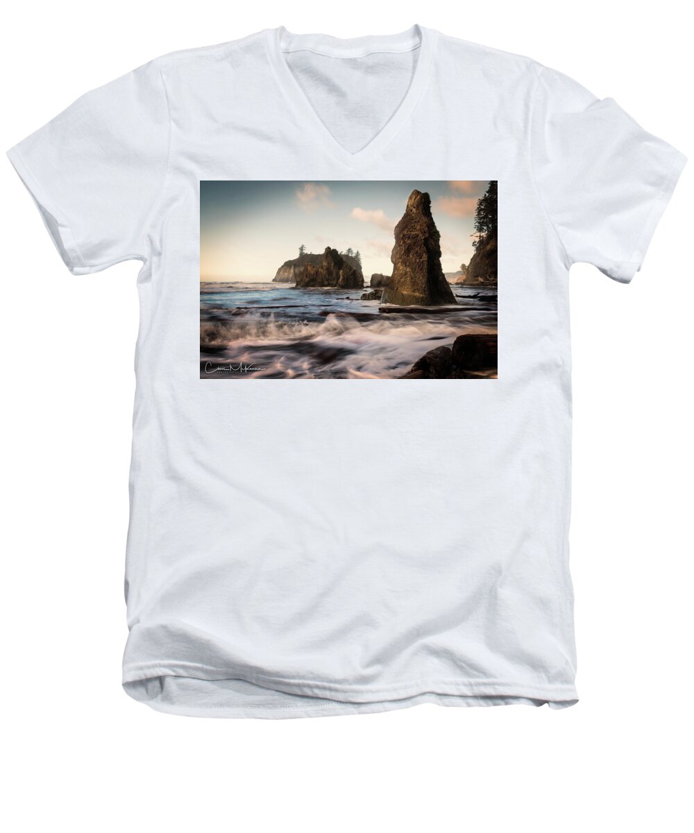 Ocean Men's V-Neck T-Shirt featuring the photograph Ocean Spire Signature Series by Chris McKenna