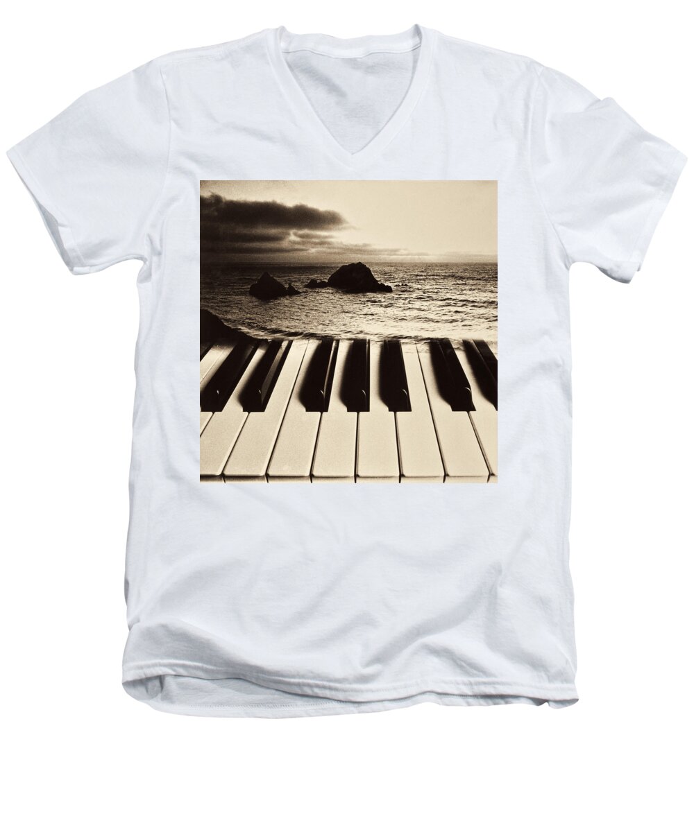 Ocean Men's V-Neck T-Shirt featuring the photograph Ocean washing over keyboard by Garry Gay