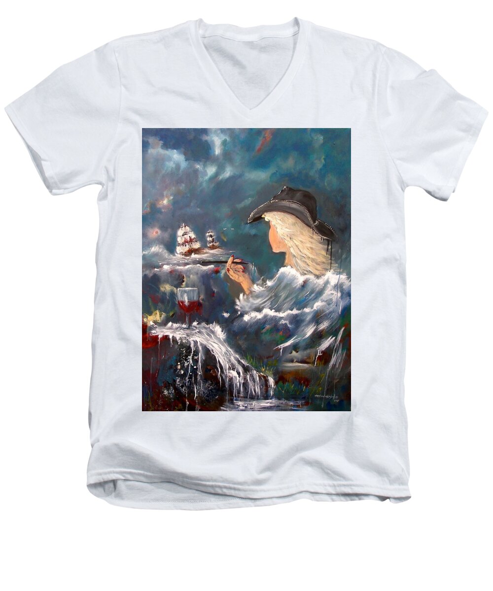 Ocean Wine Wave Red Ship Woman Smoking Hat Blonde Abstract Seascape Water Waterfall Clouds Print Watching Blue Black Boat Wind Drinking Relaxing Painting Miroslaw Chelchowski Men's V-Neck T-Shirt featuring the painting Ocean Wine by Miroslaw Chelchowski