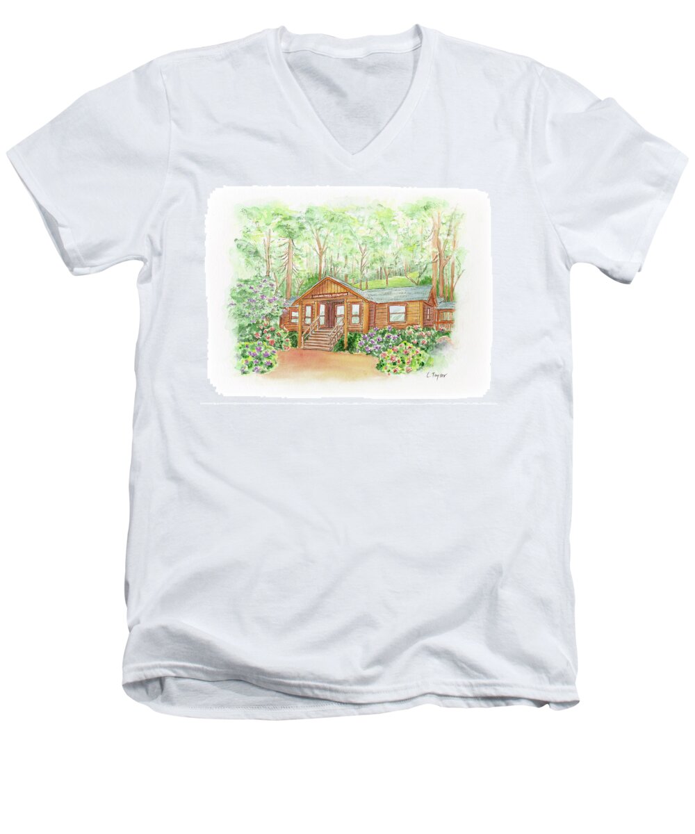 Log Cabin Men's V-Neck T-Shirt featuring the painting Office in the Park by Lori Taylor