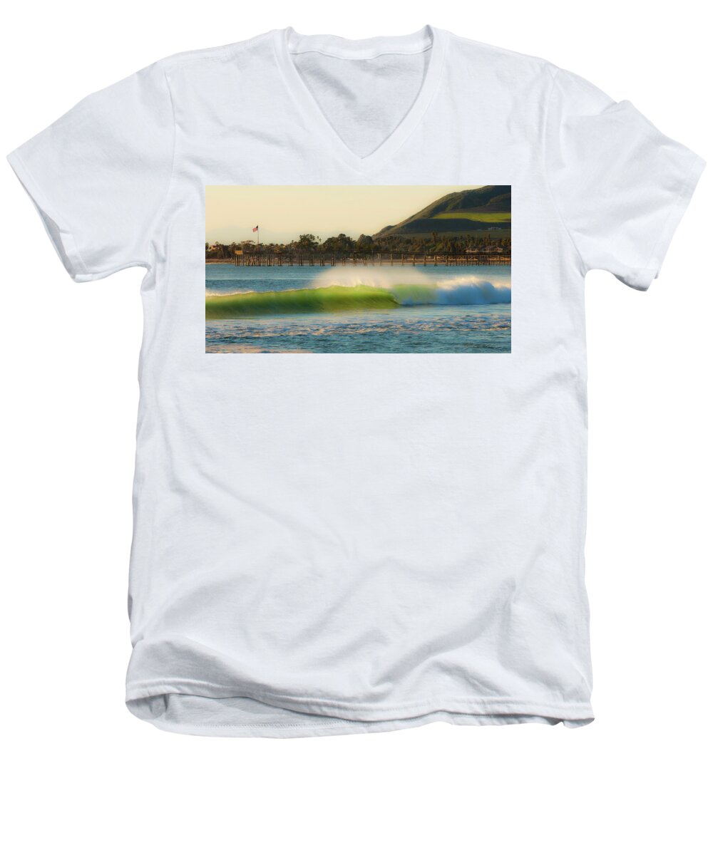 Ventura Pier Men's V-Neck T-Shirt featuring the photograph Offshore Wind Wave and Ventura, CA Pier by John A Rodriguez